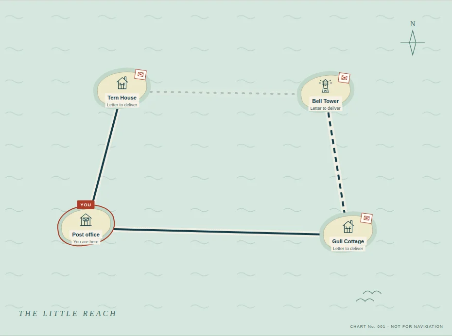 The real First light sea chart, with a post office and three island recipients connected by bridges, ferries and a causeway.